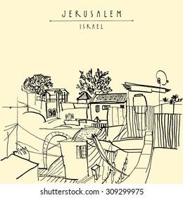 Jerusalem, Israel, Middle East. Vector isolated drawing illustration. Roofs, trees. Postcard greeting card graphic design template. Freehand skyline background  with "Jerusalem Israel" hand lettering