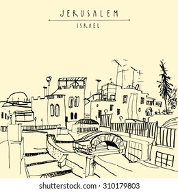 Jerusalem, Israel, Middle East. Vector isolated drawing illustration. Roofs, trees. Touristic postcard, poster, calendar or coloring book page  with "Jerusalem Israel" hand lettering