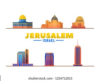 Jerusalem, Israel most famous landmark at white background. Vector Illustration. Business travel and tourism concept with modern buildings. Image for presentation, banner, web site.