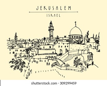 Jerusalem, Israel old city skyline. Wailing wall. Handmade drawing isolated in vector. Postcard or coloring book. Freehand drawing. Jerusalem city view background with Jerusalem Israel hand lettering