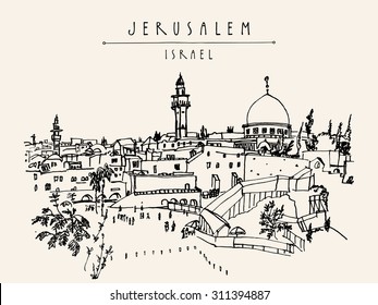 Jerusalén, el viejo horizonte de la ciudad de Israel. Muro de lamento. Dibujo hecho a mano aislado en vector. Libro de postales o colorantes. Dibujo a mano libre. Antecedentes de la ciudad de Jerusalén con letras a mano de Jerusalén Israel