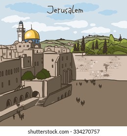 Jerusalem, Israel old city skyline. Wailing wall. Handmade drawing isolated in vector. Postcard poster template. Freehand drawing. Jerusalem city view background 