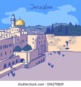 Jerusalem, Israel old city skyline. Wailing wall. Handmade drawing isolated in vector. Postcard poster template. Freehand drawing. Jerusalem city view background 