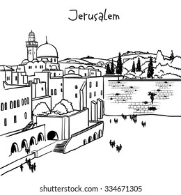 Jerusalém, Israel, o horizonte da cidade velha. Muro das Lamentações. Desenho artesanal isolado em vetor. Modelo de pôster de cartão postal. Desenho à mão livre. Vista da cidade de Jerusalém fundo