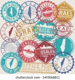 Jerusalem Israel Set of Stamps. Travel Stamp. Made In Product. Design Seals Old Style Insignia.