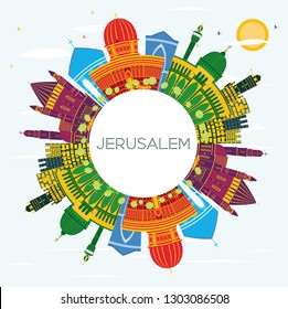 Jerusalem Israel Skyline with Color Buildings, Blue Sky and Copy Space. Vector Illustration. Business Travel and Tourism Concept with Historic Architecture. Jerusalem Cityscape with Landmarks. 