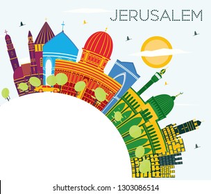 Jerusalem Israel Skyline with Color Buildings, Blue Sky and Copy Space. Vector Illustration. Business Travel and Tourism Concept with Historic Architecture. Jerusalem Cityscape with Landmarks. 