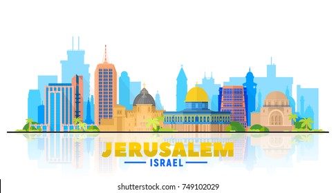 Jerusalén, horizonte israelí con panorama en fondo blanco. Ilustración vectorial. Concepto de viajes de negocios y turismo con edificios modernos. Imagen para presentación, banner, sitio web.