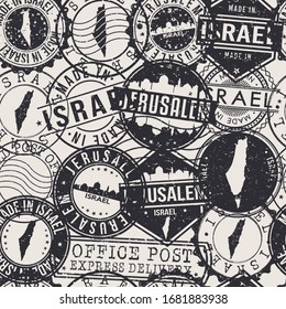 Jerusalem, Israel Stamps Background. A City Stamp Vector Art. Set of Postal Passport Travel. Design Set Pattern.