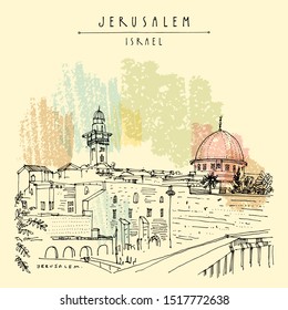 Jerusalem, Israel. Wailing wall. Travel sketch. Hand drawn touristic postcard, poster, calendar or book illustration. Jerusalem city view postcard, poster, travel brochure illustration. EPS10 vector