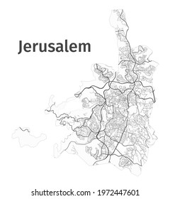 Jerusalem map. Detailed map of Jerusalem city administrative area. Cityscape panorama. Royalty free vector illustration. Outline map with highways, streets, rivers. Tourist decorative street map.