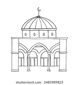 Jerusalem Mosque Dome of the Rock with colonnade black and white line vector illustration. Al Aqsa on Temple Mount for coloring. Simple tourist ink sketch