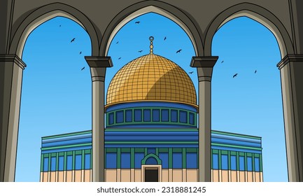 Jerusalem Palestinian al-Aqsa mosque cartoon. Vector illustration