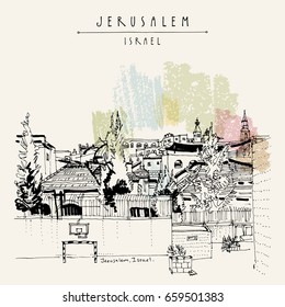 Jerusalem roofs and churches. View of Jewish, Muslim and Christian quarters in Jerusalem, Israel. Skyline. Basketball, football nets on a sports ground. Travel vintage hand drawn postcard in vector