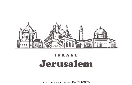 Jerusalem sketch skyline. Jerusalem, 
Israel hand drawn vector illustration. Isolated on white background. 