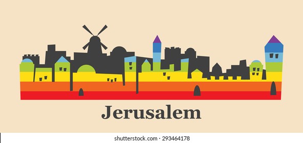  Jerusalem skyline colored with gay flag colors. illustration