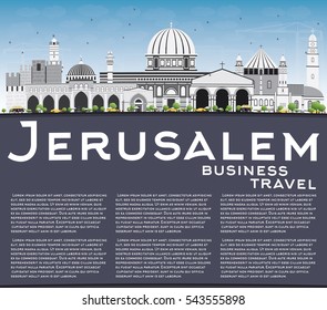 Jerusalem Skyline with Gray Buildings, Blue Sky and Copy Space. Vector Illustration. Business Travel and Tourism Concept with Historic Architecture. Image for Presentation Banner Placard and Web Site.