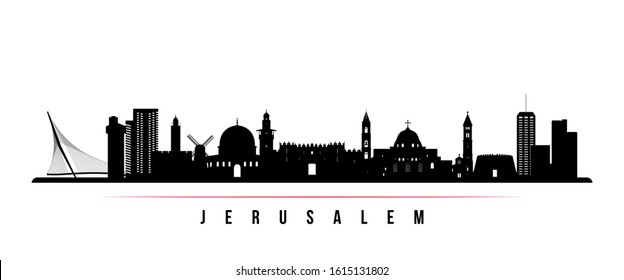 Jerusalem skyline horizontal banner. Black and white silhouette of Jerusalem, Israel. Vector template for your design. 