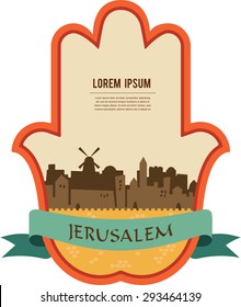 Jerusalem skyline inside hamsa hand. vector illustration