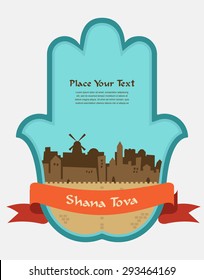 Jerusalem skyline inside  hamsa hand. rosh hashana jewish holiday card