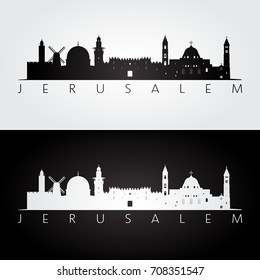 Jerusalem skyline and landmarks silhouette, black and white design, vector illustration.