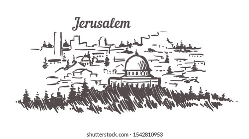 Jerusalem skyline sketch. Jerusalem hand drawn illustration isolated on white background.