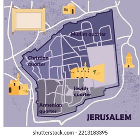 Jerusalem Street Map Of The City With Ancient Buildings Vector Illustration. The Western Wall, Jewish Quarter, Gates Of  The Holy City Of Jerusalem. 