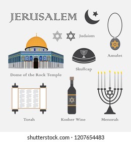 Jerusalem symbols set of flat vector illustration. Jerusalem collection of design elements with Judaism Atar, Amulet, Skullcap, Menorah, Kosher Wine, Torah and Temple Dome of the Rock.