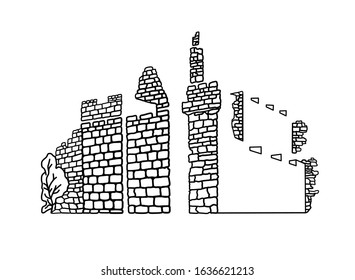 Jerusalem Wall outlined silhouette vector line art drawing isolated on white background.