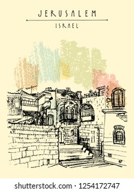 Jerusulaem old town. Aged buildings, stairs, windows, balcony. Travel sketch. Hand drawn touristic postcard, poster, calendar or book illustration. Jerusalem city view postcard in vector