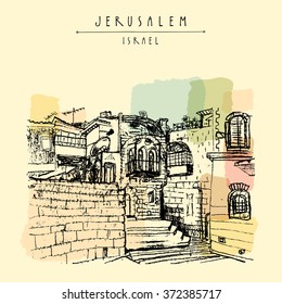 Jerusulaem old town. Aged buildings, stairs, windows, balcony.Hand drawing.  Travel postcard template. Vector illustration