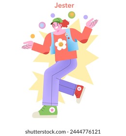 Jester Archetype illustration. A playful character juggling balls, embodying humor and joy. Colorful and lively vector portrayal.