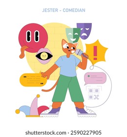 Jester archetype illustration. Represents the role of the comedian using humor to entertain and provoke thought. Features a playful character with a microphone, various expressions, and engaging