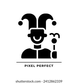 Jester black glyph icon. Archetype. Personality trait. Funny and spontaneous character. Psychoanalysis. Silhouette symbol on white space. Solid pictogram. Vector isolated illustration