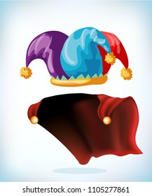 jester cap. Fool hat. April Fool Day. Masquerade costume headdress. Carnival or Halloween mask. Cartoon mascot Vector illustration. Funny super hero flying with cloak.