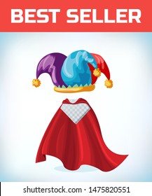 jester cap. Fool hat. April Fool Day. Masquerade costume headdress. Carnival or Halloween mask. Cartoon Vector illustration. Red cape