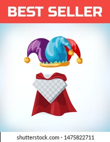 jester cap. Fool hat. April Fool Day. Masquerade costume headdress. Carnival or Halloween mask. Cartoon Vector illustration. Red cape