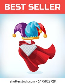 jester cap. Fool hat. April Fool Day. Masquerade costume headdress. Carnival or Halloween mask. Cartoon Vector illustration. Red cape
