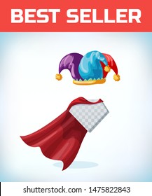 jester cap. Fool hat. April Fool Day. Masquerade costume headdress. Carnival or Halloween mask. Cartoon Vector illustration. Red cape