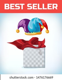 jester cap. Fool hat. April Fool Day. Masquerade costume headdress. Carnival or Halloween mask. Cartoon Vector illustration. Red cape