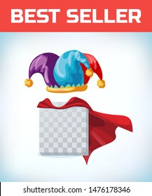 jester cap. Fool hat. April Fool Day. Masquerade costume headdress. Carnival or Halloween mask. Cartoon Vector illustration. Red cape