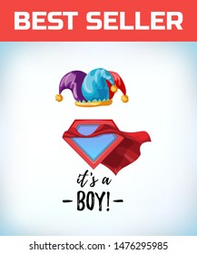 jester cap. Fool hat. Its a boy in vintage style. Comic style. Cartoon Vector illustration.