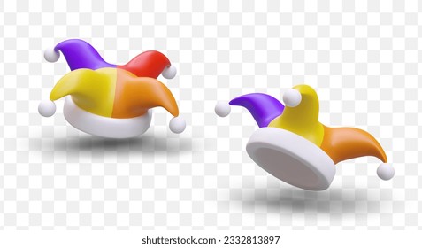 Jester cap toy realistic in 3d style. Colorful element of clothes in different positions for kid or toy store. Vector mock up with hat collection in cartoon style