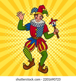 jester clown pinup pop art retro vector illustration. Comic book style imitation.