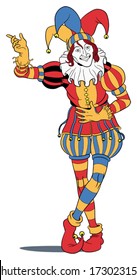 Jester in colorful costume taking a bow