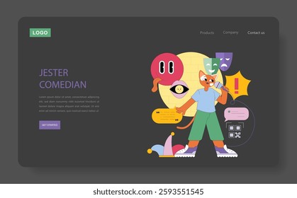 Jester Comedian concept. A colorful illustration of a comedic character engaging in performance art, surrounded by playful icons representing humor and entertainment. Reflects creativity, joy, and