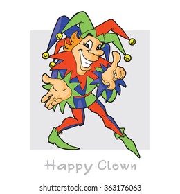 Jester. Crafty cheerful clown. Vector cartoon character.