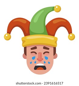 el bufón está llorando. un payaso molesto con un sombrero. ilustración vectorial plana.