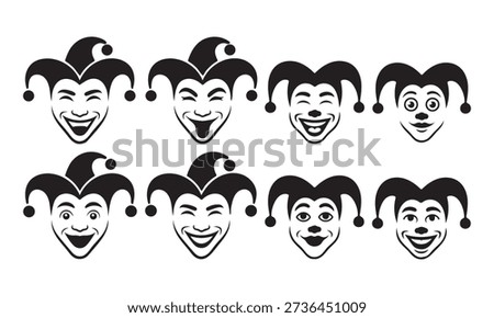 Jester face expressions for April Fools Day celebration silhouette vector art illustration