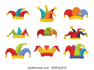 Jester fools hat icons set. Flat illustration of 9 Jester fools hat vector icons for web